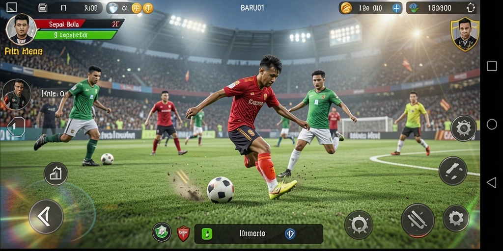 Tampilan gameplay seru di lapangan sepak bola.