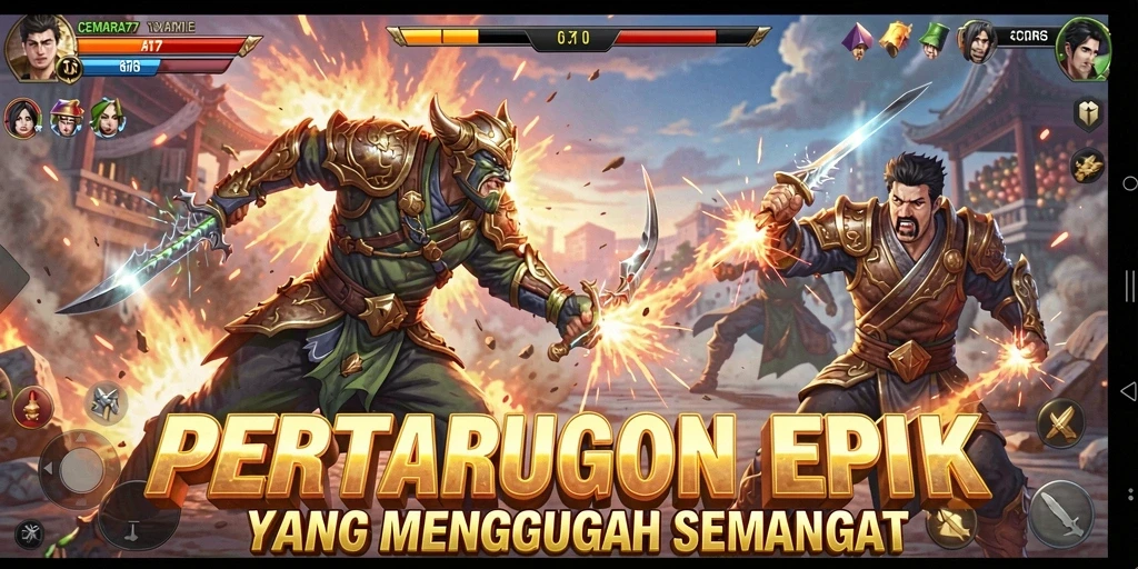 Screenshot dari gameplay CEMARA77 menunjukkan pertarungan yang mendebarkan.