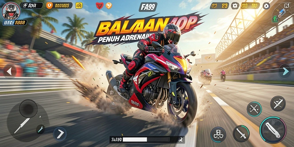 Tangkapan layar FA99 menampilkan momen seru dalam balapan motor.