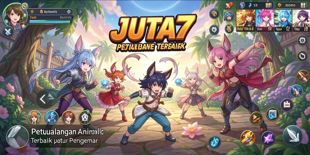 Tampilan gameplay JUTA7 yang penuh warna dan animasi karakter yang menakjubkan.