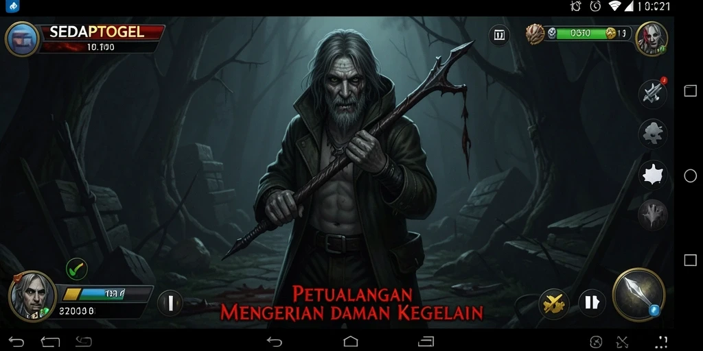 Screenshot gameplay SEDAPTOGEL menampilkan suasana mencekam dan monster menyeramkan.